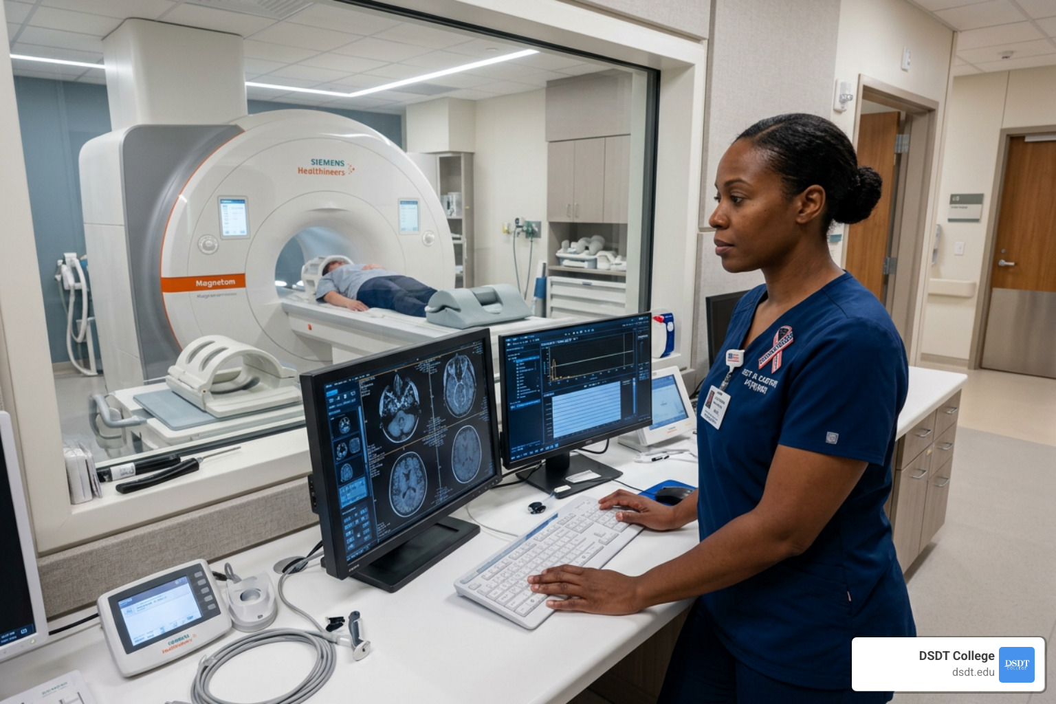 Veteran operating advanced medical imaging equipment in a clinical setting - MRI career for veterans Veteran operating advanced medical imaging equipment in a clinical setting - MRI career for veterans