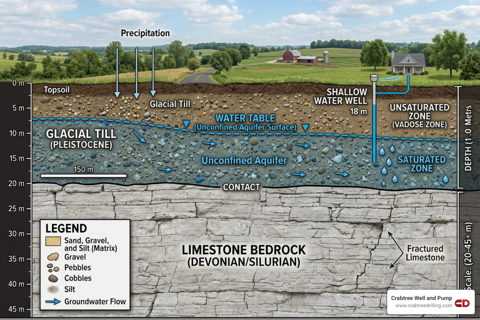Geological layers of Ohio showing glacial till over limestone bedrock - new water well Springfield OH Geological layers of Ohio showing glacial till over limestone bedrock - new water well Springfield OH