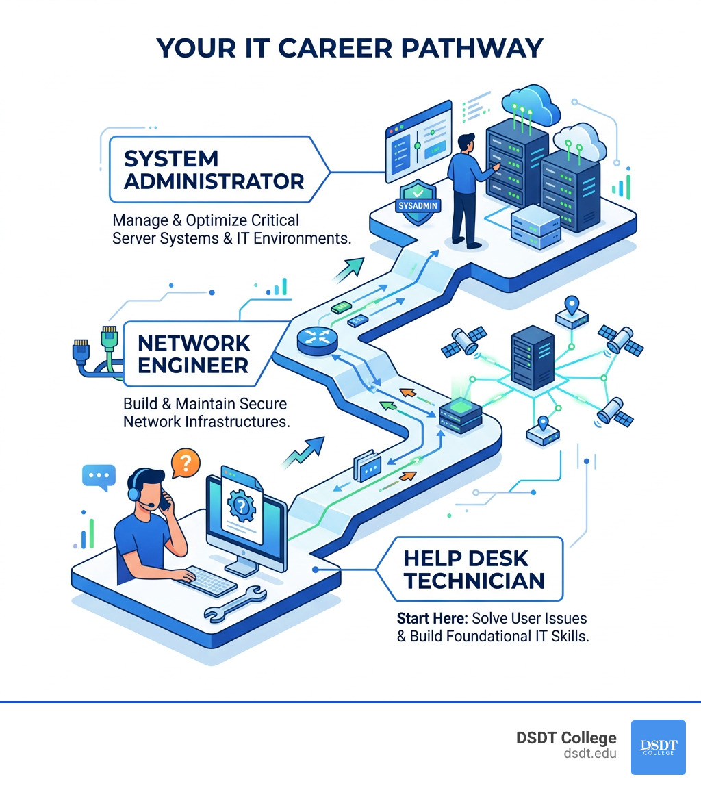 IT career ladder infographic from help desk technician to network engineer to system administrator - entry level IT jobs IT career ladder infographic from help desk technician to network engineer to system administrator - entry level IT jobs