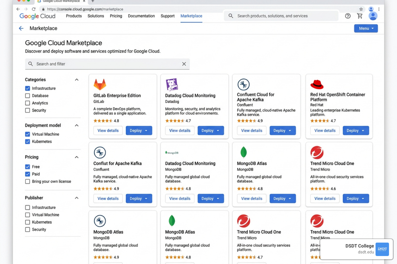 The Google Cloud Marketplace interface showing various partner listings and enterprise-ready solutions - Google Cloud