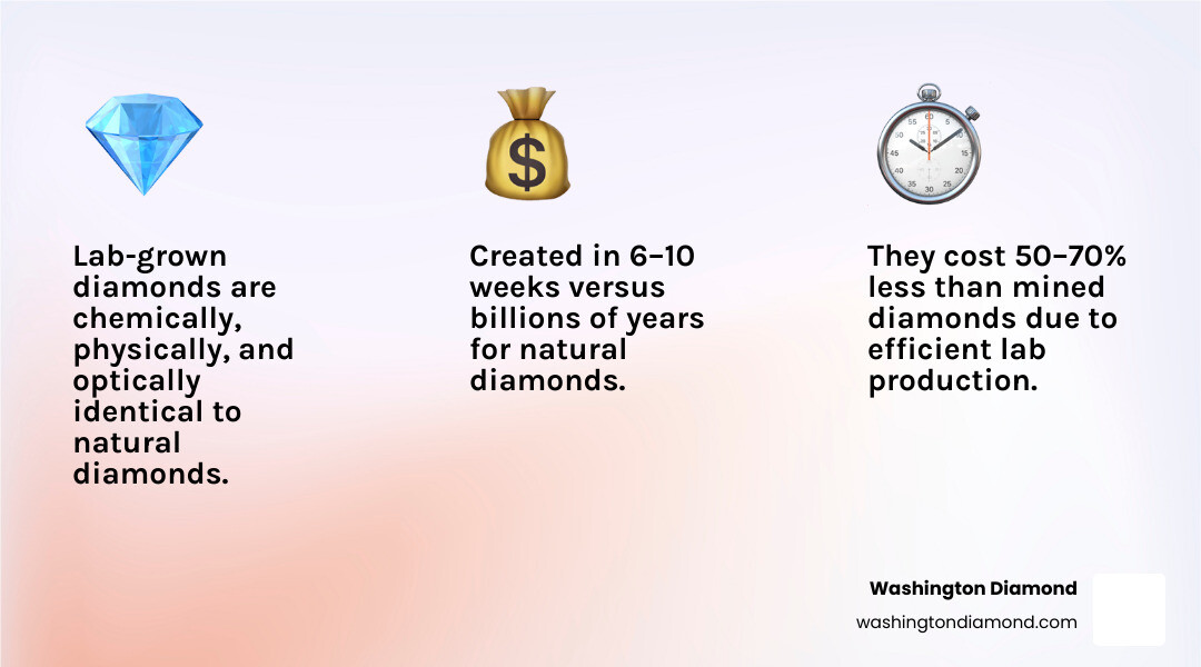 Infographic showing lab diamond key facts: 50-70% savings, 6-10 week creation, same 4Cs grading, identical hardness Infographic showing lab diamond key facts: 50-70% savings, 6-10 week creation, same 4Cs grading, identical hardness