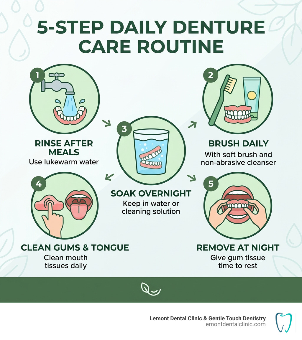 5-step daily denture care routine infographic for denture wearers - Denture care tips infographic 