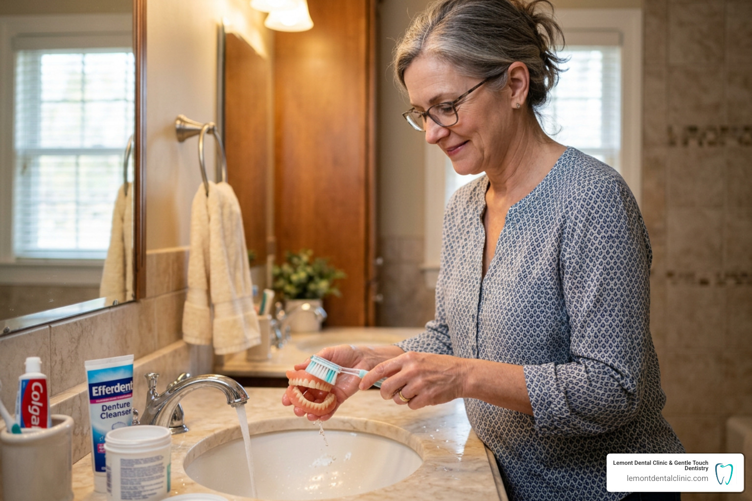 A person gently cleaning their dentures over a sink - Denture care tips