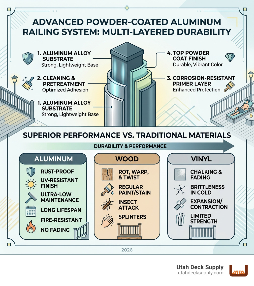 Infographic showing the layers of powder-coated aluminum and its superior durability compared to wood and vinyl - aluminum