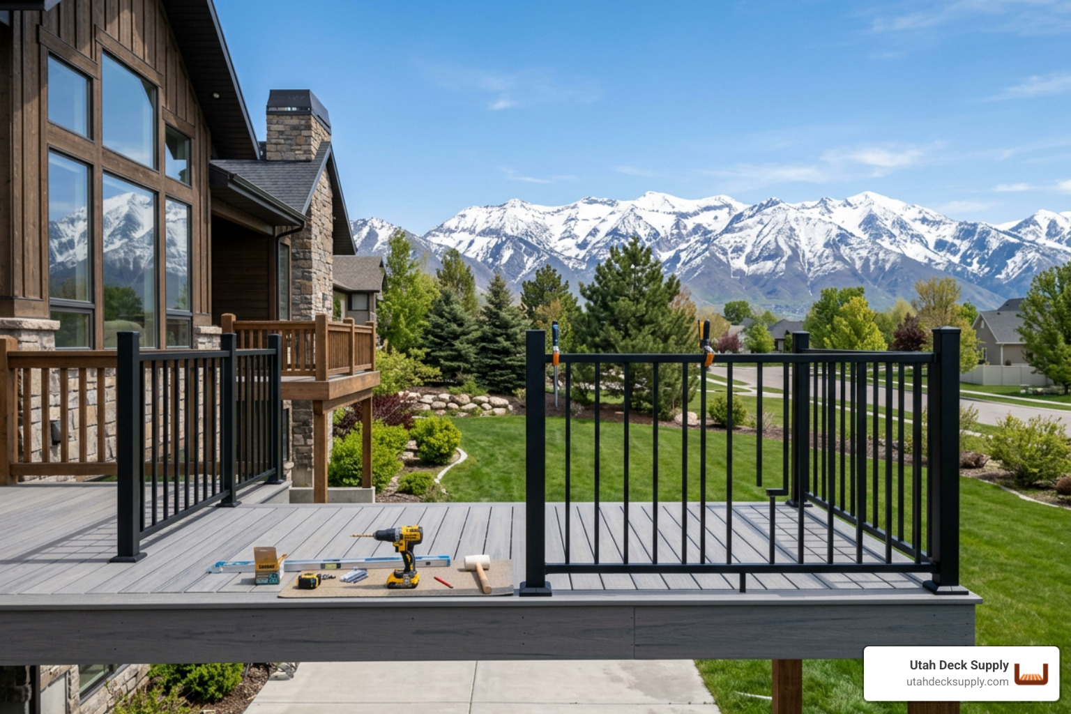 A DIY-friendly aluminum deck railing installation in progress on a sunny afternoon in a Utah backyard - aluminum outdoor