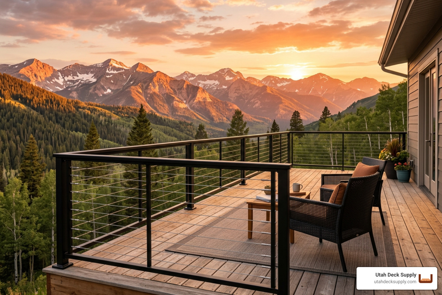 Modern black aluminum deck railing system on a residential deck at sunset in Northern Utah - aluminum outdoor deck railing