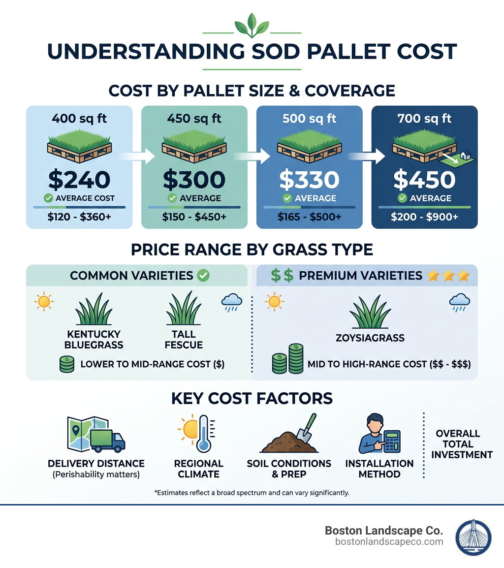 Infographic showing sod pallet cost breakdown by coverage area, grass type, and price range - how much is sod per pallet