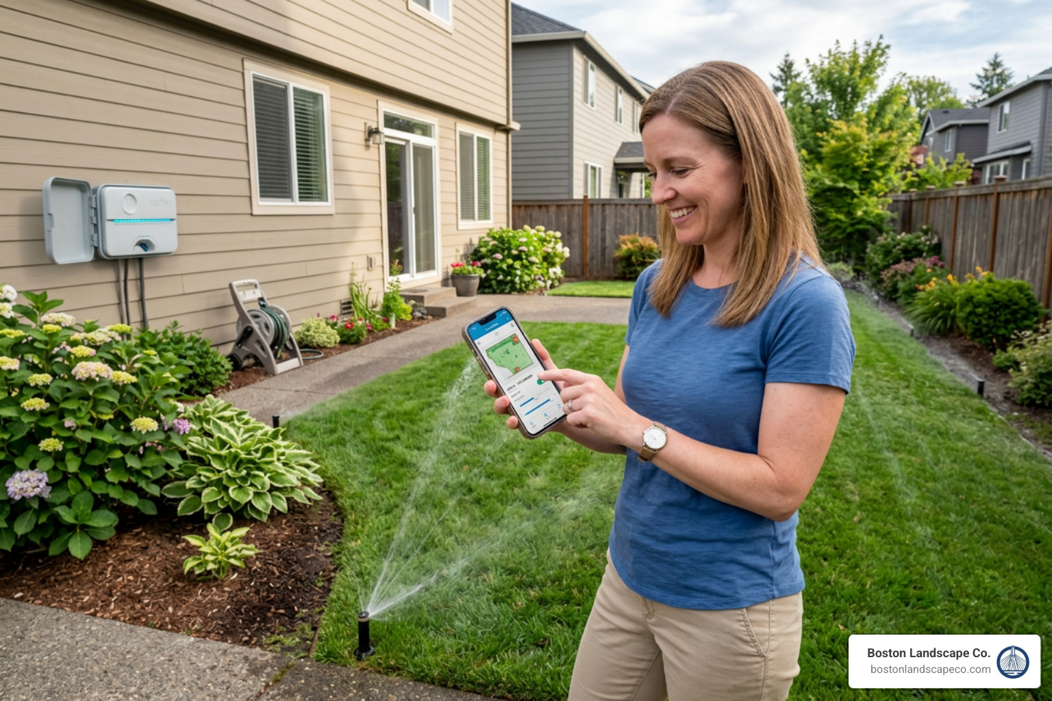 Homeowner using a smartphone app to adjust irrigation zones - Waltham smart irrigation setup