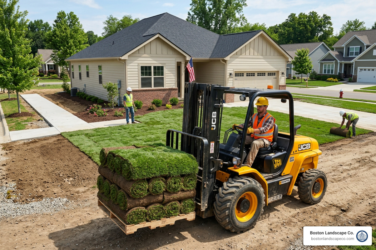 Forklift delivering fresh sod pallets to a residential job site - how much is sod per pallet