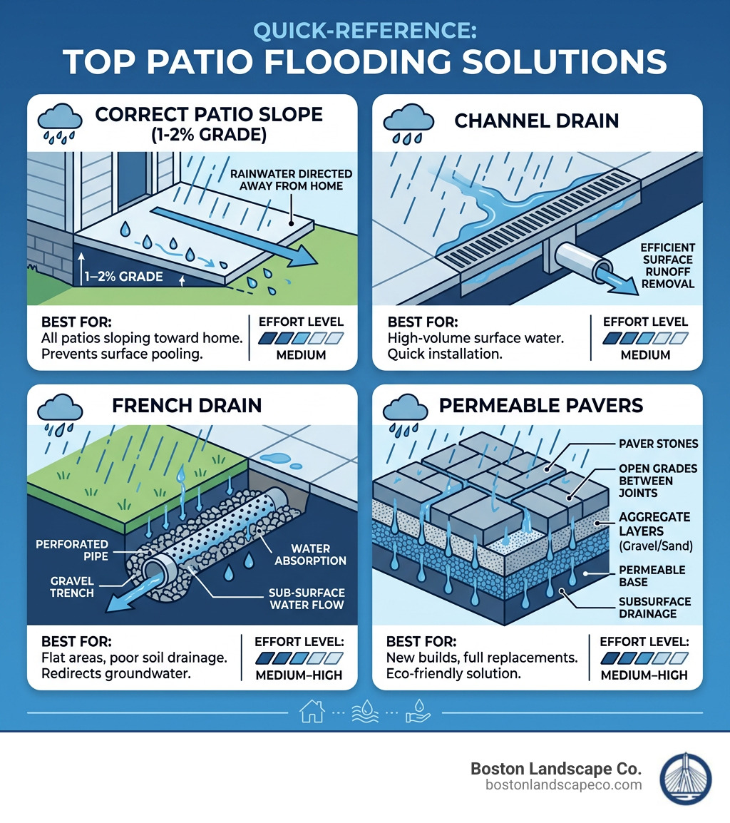 Infographic showing patio slope, French drain, channel drain, and permeable paver drainage solutions - flooding patio