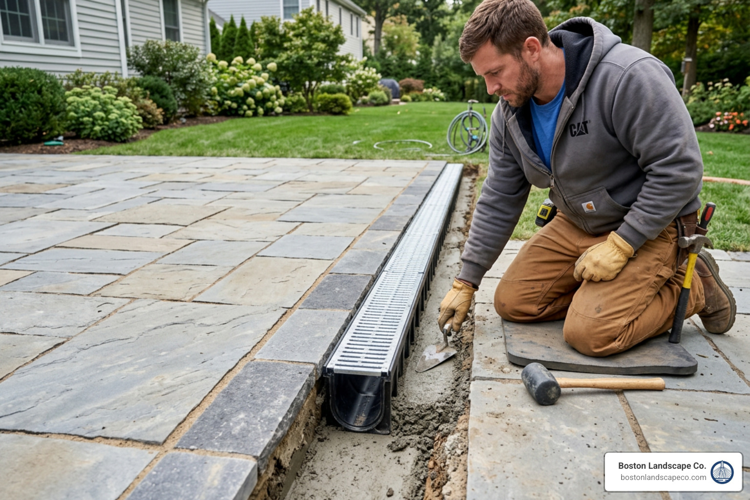 A professional installing a channel drain at the edge of a stone patio - flooding patio solutions