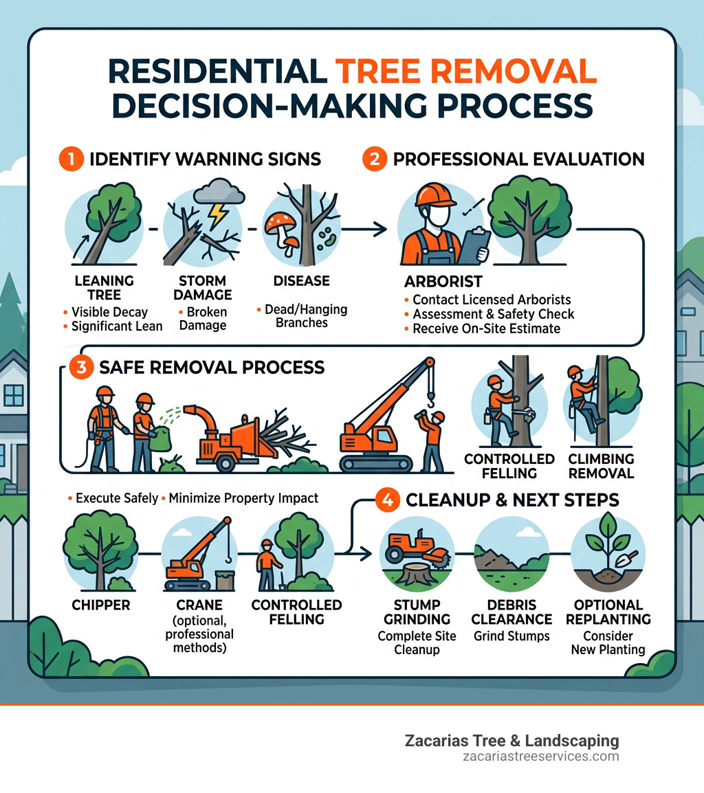 Infographic showing the residential tree removal decision-making process from warning signs to cleanup - residential tree Residential tree removal decision-making process infographic illustrating warning signs, professional evaluation, safe removal methods, and cleanup steps, branded by Zacarias Tree & Landscaping.