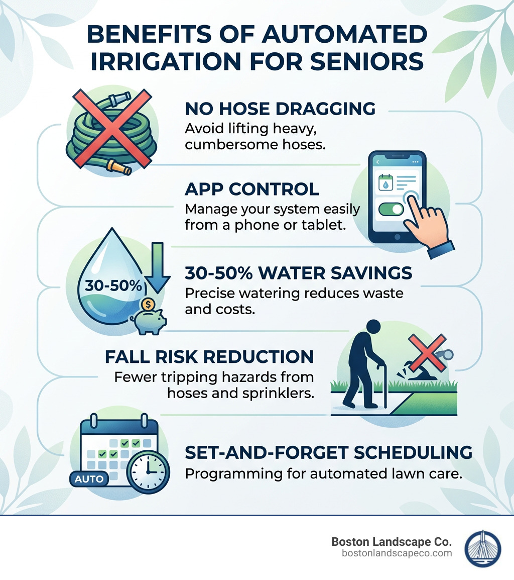 Infographic showing benefits of automated irrigation for seniors: no hose dragging, app control, 30-50% water savings, fall