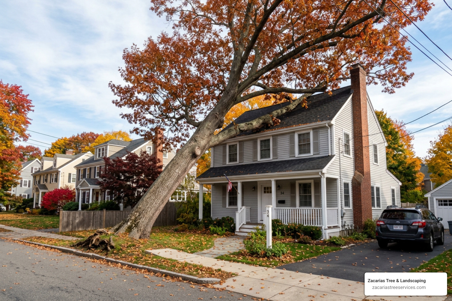 A leaning tree positioned dangerously close to a residential home in Massachusetts - residential tree removal Tree leaning dangerously towards a house, indicating potential structural risk, surrounded by autumn foliage and residential properties, highlighting the need for professional tree removal services.