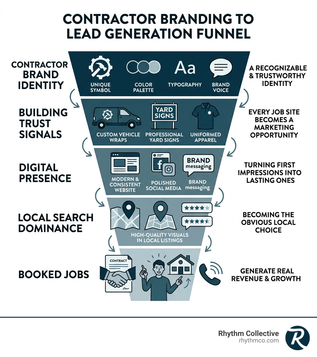 Contractor branding to lead generation funnel: brand identity, trust signals, digital presence, local search, booked jobs Contractor branding to lead generation funnel: brand identity, trust signals, digital presence, local search, booked jobs