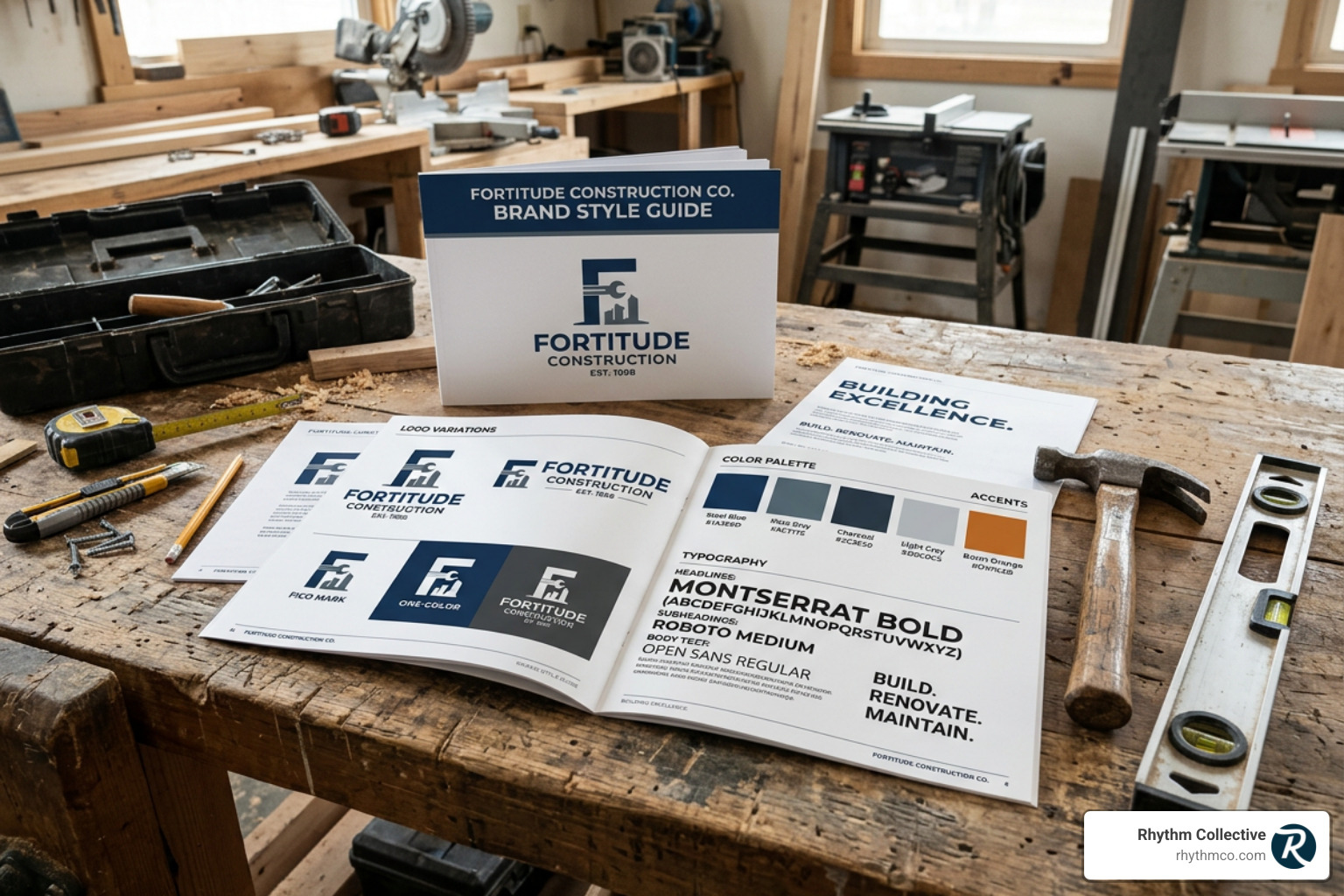 A comprehensive contractor brand style guide showing logo variations, color swatches, and typography - contractor branding A comprehensive contractor brand style guide showing logo variations, color swatches, and typography - contractor branding