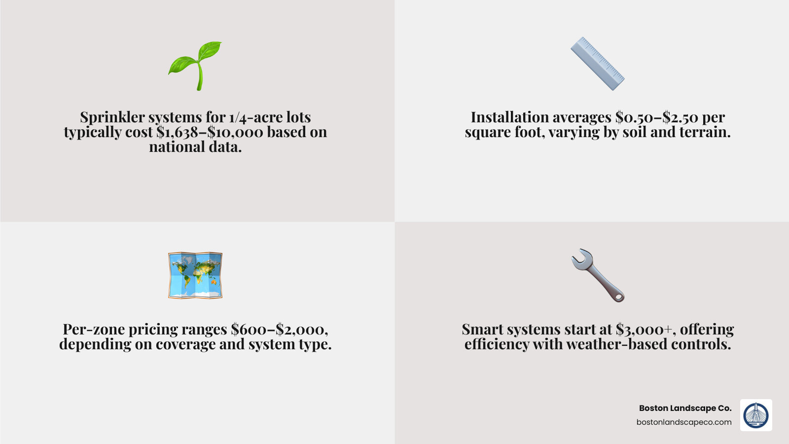 Infographic showing average sprinkler system install cost by yard size, zone count, and system type - sprinkler system