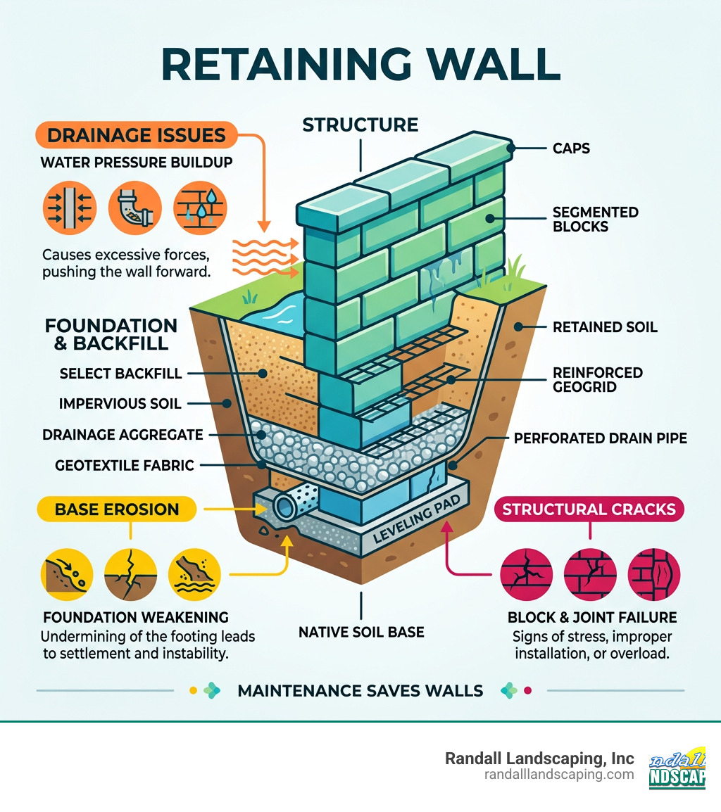 Anatomy of a retaining wall showing common failure points including drainage issues, base erosion, and structural cracks Anatomy of a retaining wall showing common failure points including drainage issues, base erosion, and structural cracks