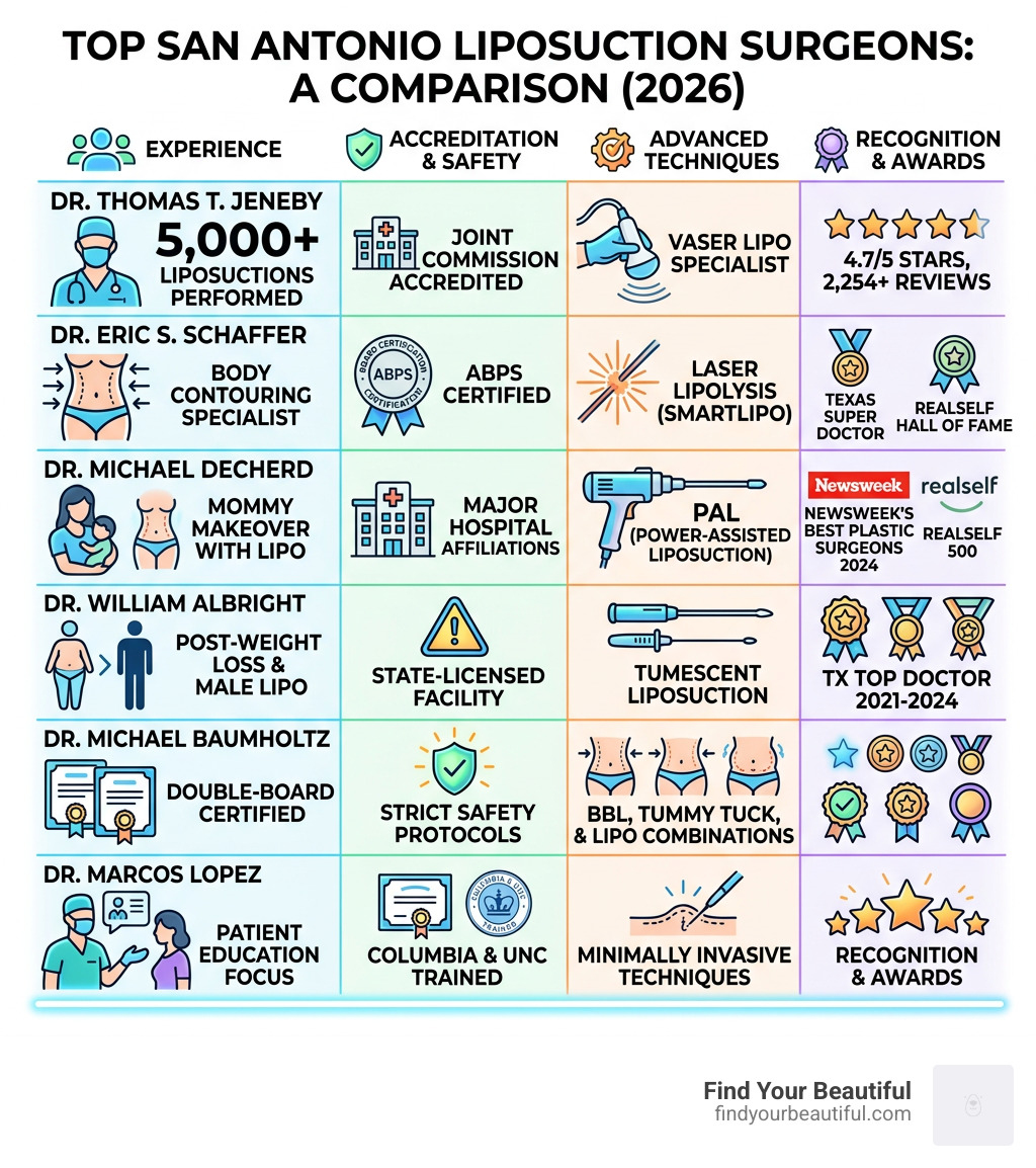 Infographic comparing top San Antonio liposuction surgeons by experience, accreditation, techniques, and recognition - best