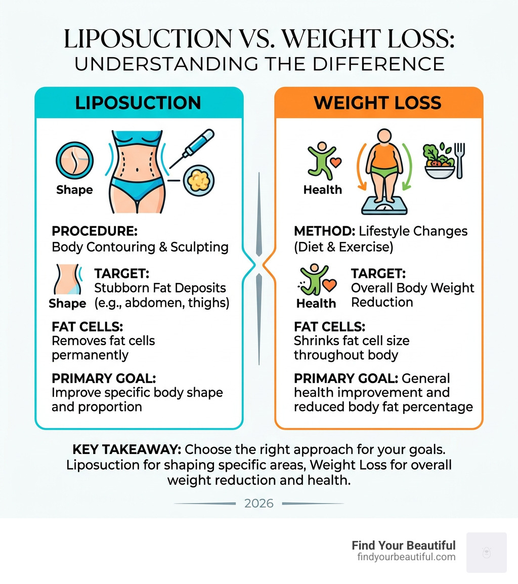 Infographic showing the difference between liposuction and weight loss - best plastic surgeon san antonio for liposuction
