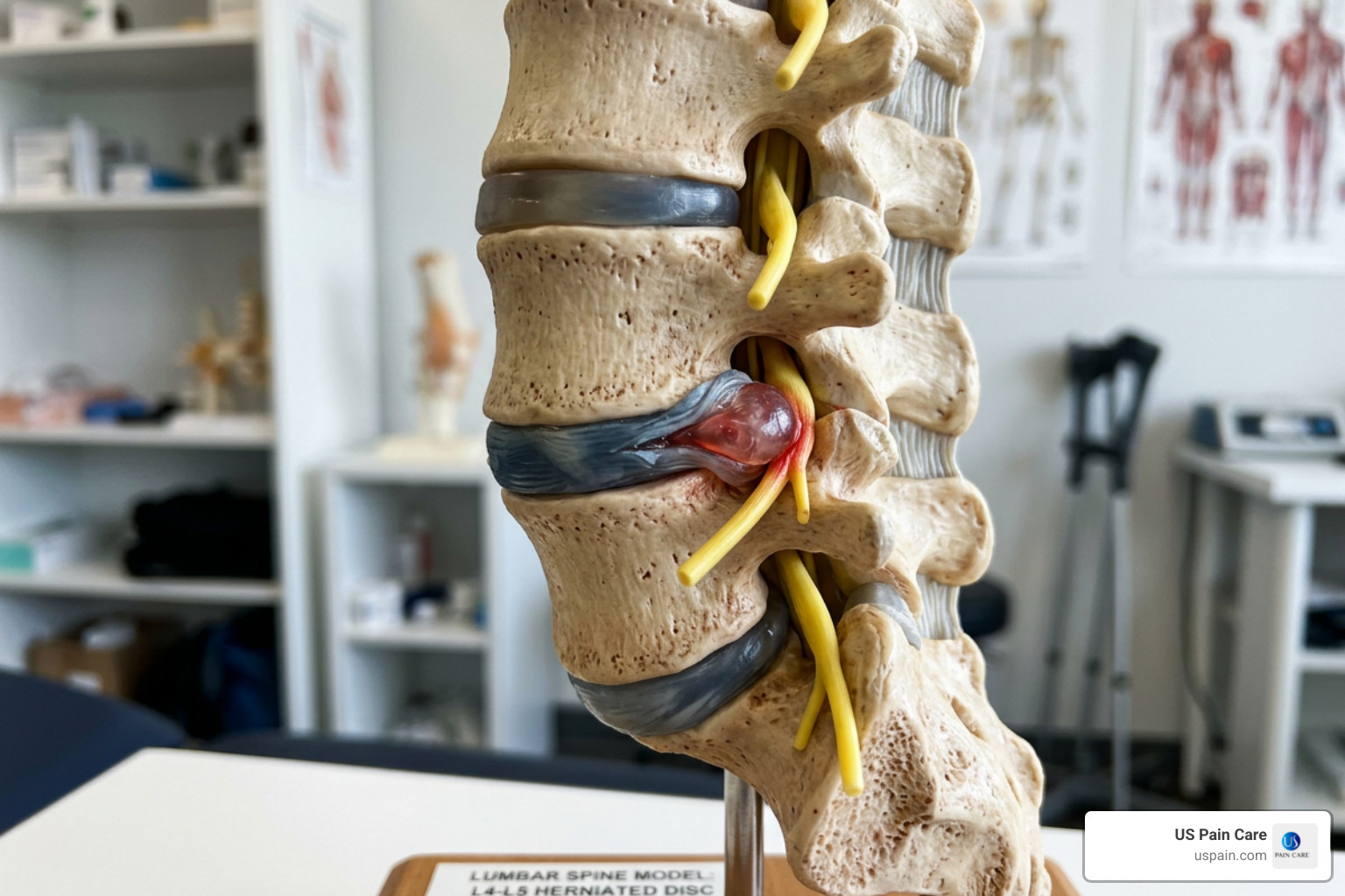 Spinal model showing a herniated disc pressing on a nerve root - back pain specialist near