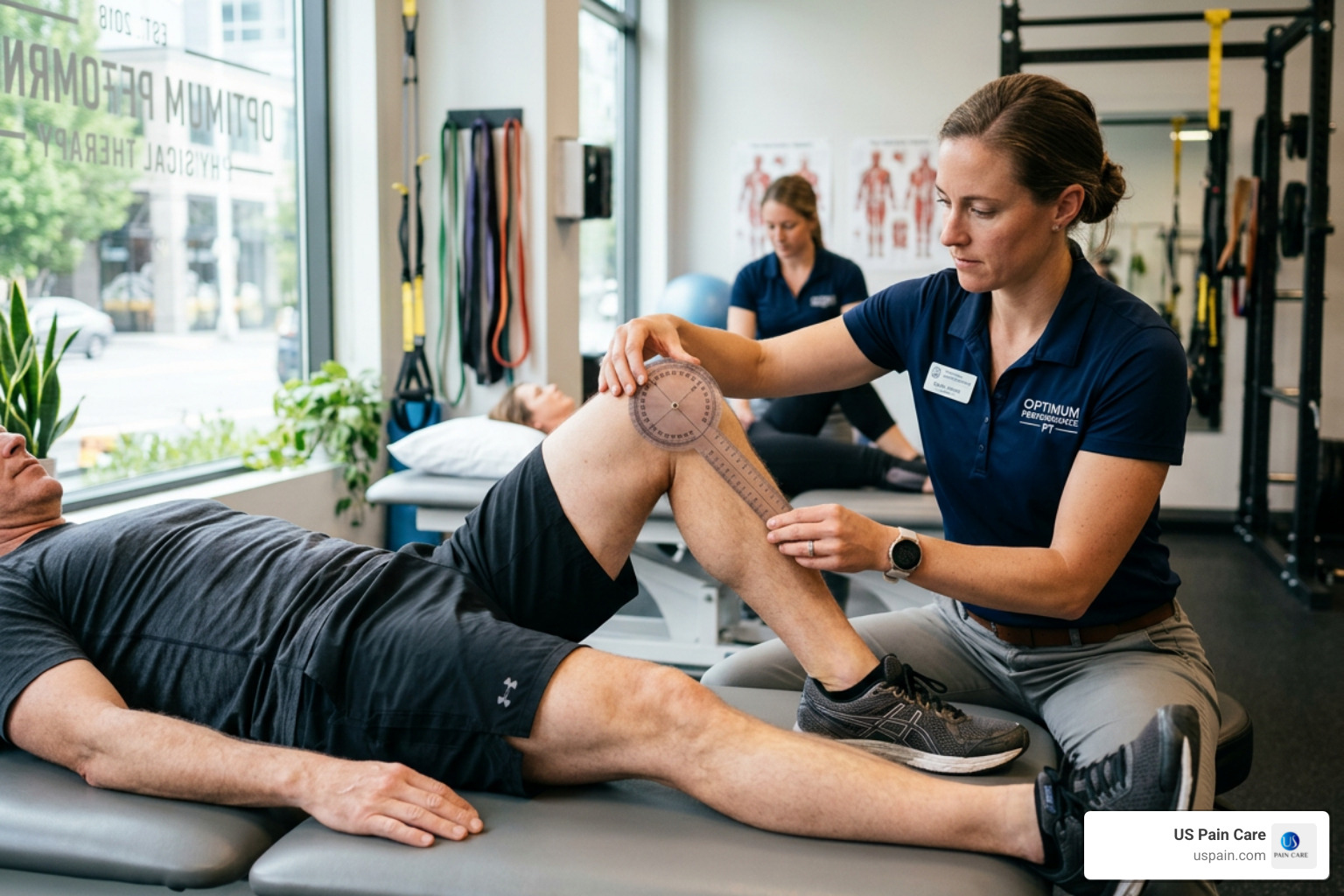 Physical therapist using a goniometer to measure a patient's knee range of motion - IT band pain therapy