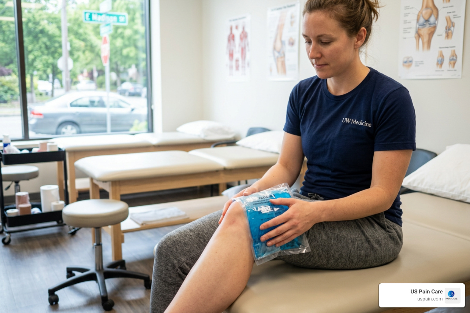 Patient applying ice pack to the lateral femoral condyle area of the knee - IT band pain therapy