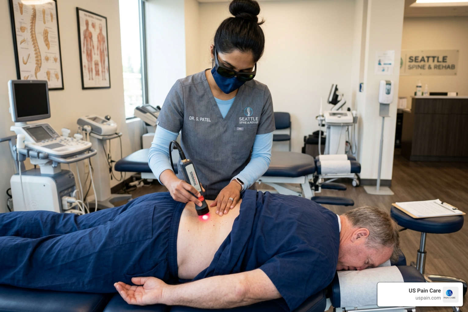 A specialist administering Class 4 laser therapy to a patient's lower back - cutting edge nerve relief