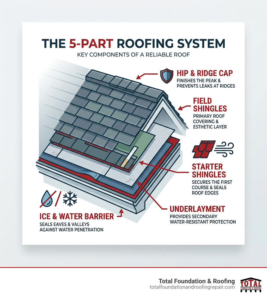 Infographic showing the 5-part roofing system: ice and water barrier, underlayment, starter shingles, field shingles, hip Infographic showing the 5-part roofing system: ice and water barrier, underlayment, starter shingles, field shingles, hip