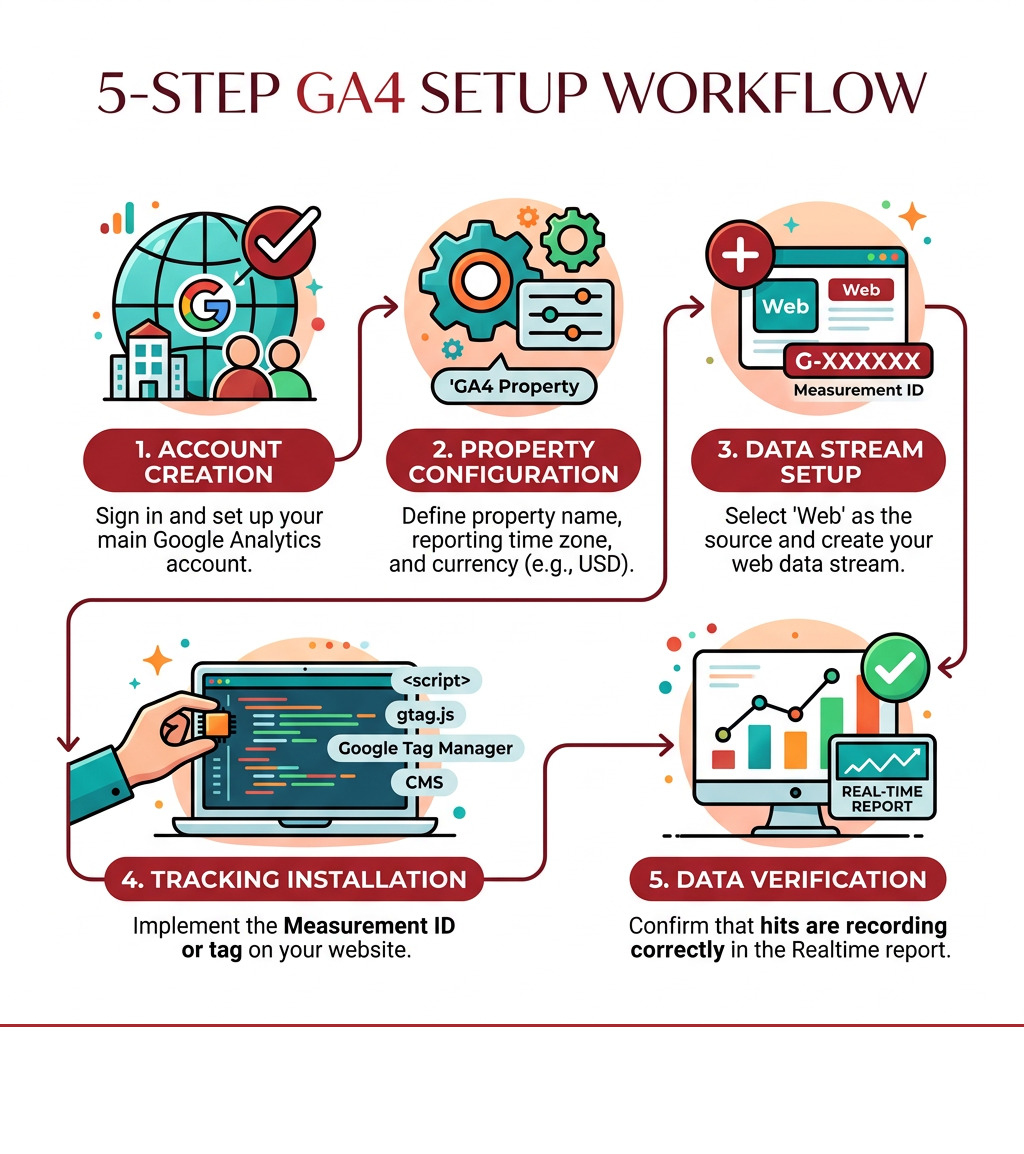 5-step GA4 setup workflow infographic showing account creation, property config, data stream, tracking install, and 5-step GA4 setup workflow infographic showing account creation, property config, data stream, tracking install, and