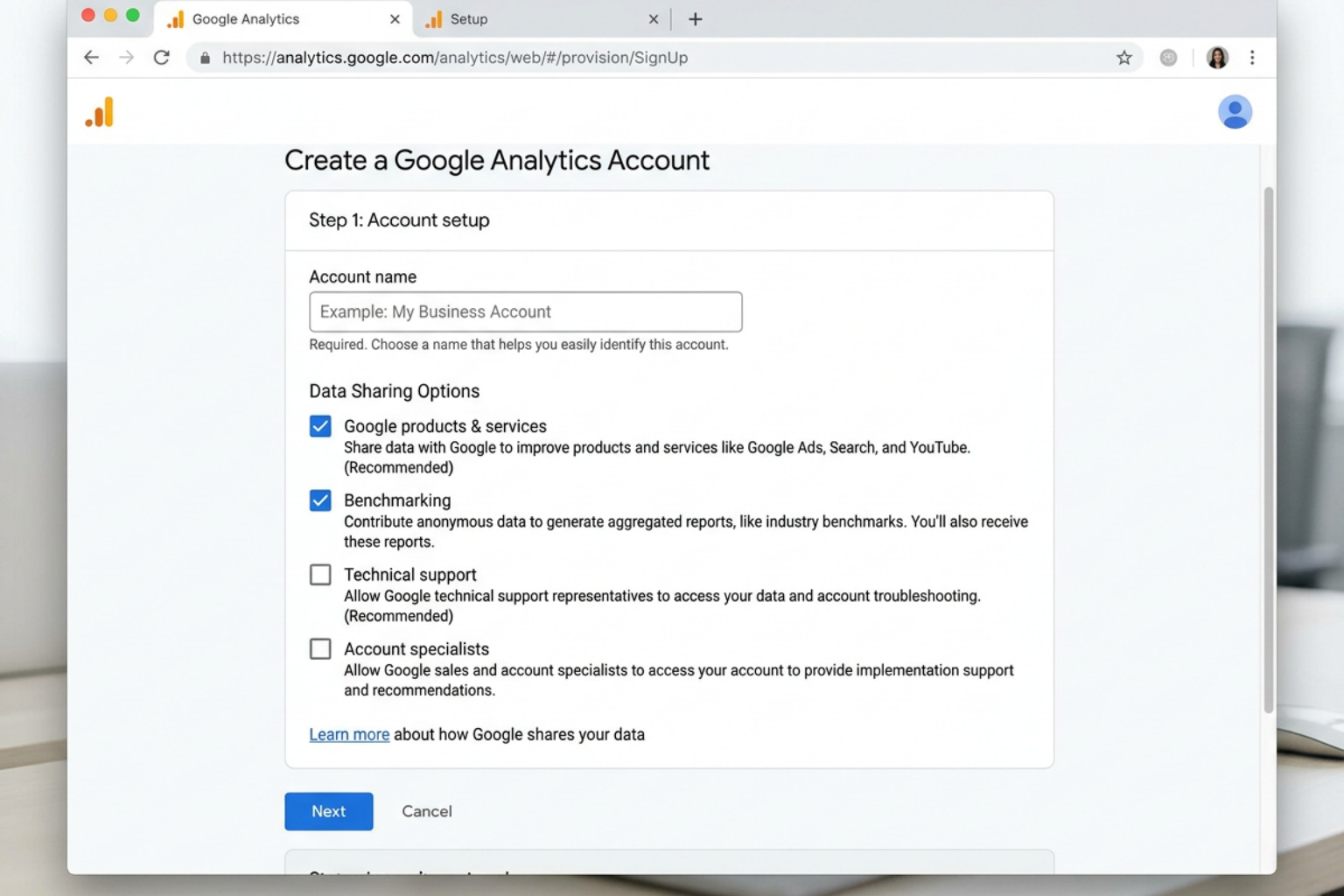 Google Analytics account creation screen showing naming and data sharing options - Google Analytics setup Google Analytics account creation screen showing naming and data sharing options - Google Analytics setup