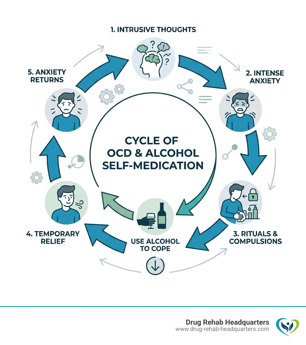 Cycle of OCD obsessions, anxiety, compulsions, and alcohol self-medication - OCD alcohol rehab programs infographic 