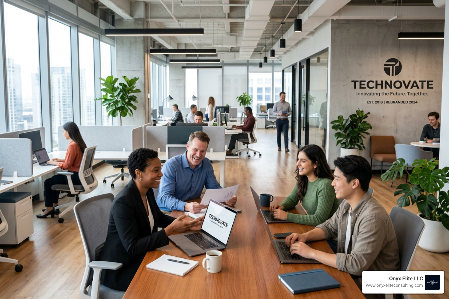 A successful brand transformation showing a modern, clean office space and a confident team - improve brand perception A successful brand transformation showing a modern, clean office space and a confident team - improve brand perception