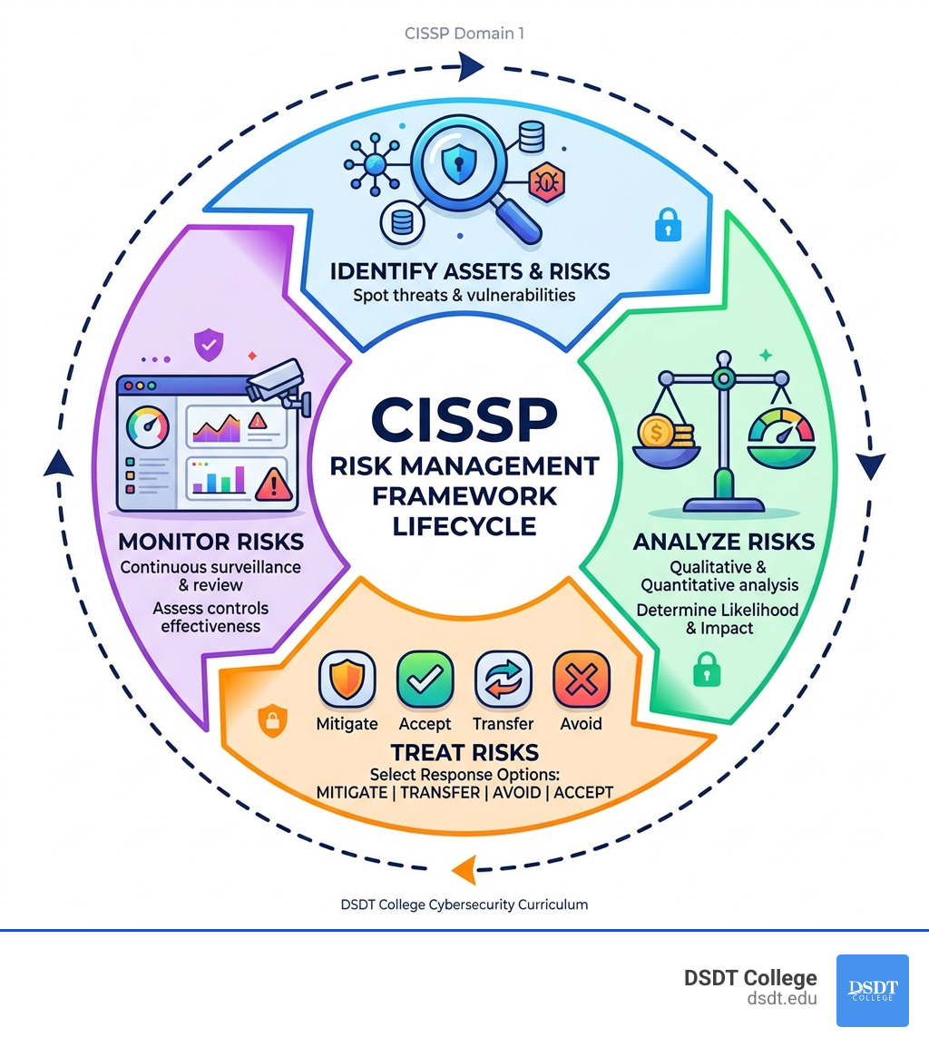 Infographic showing the CISSP Risk Management Framework lifecycle: Identify, Analyze, Treat, Monitor - CISSP risk management