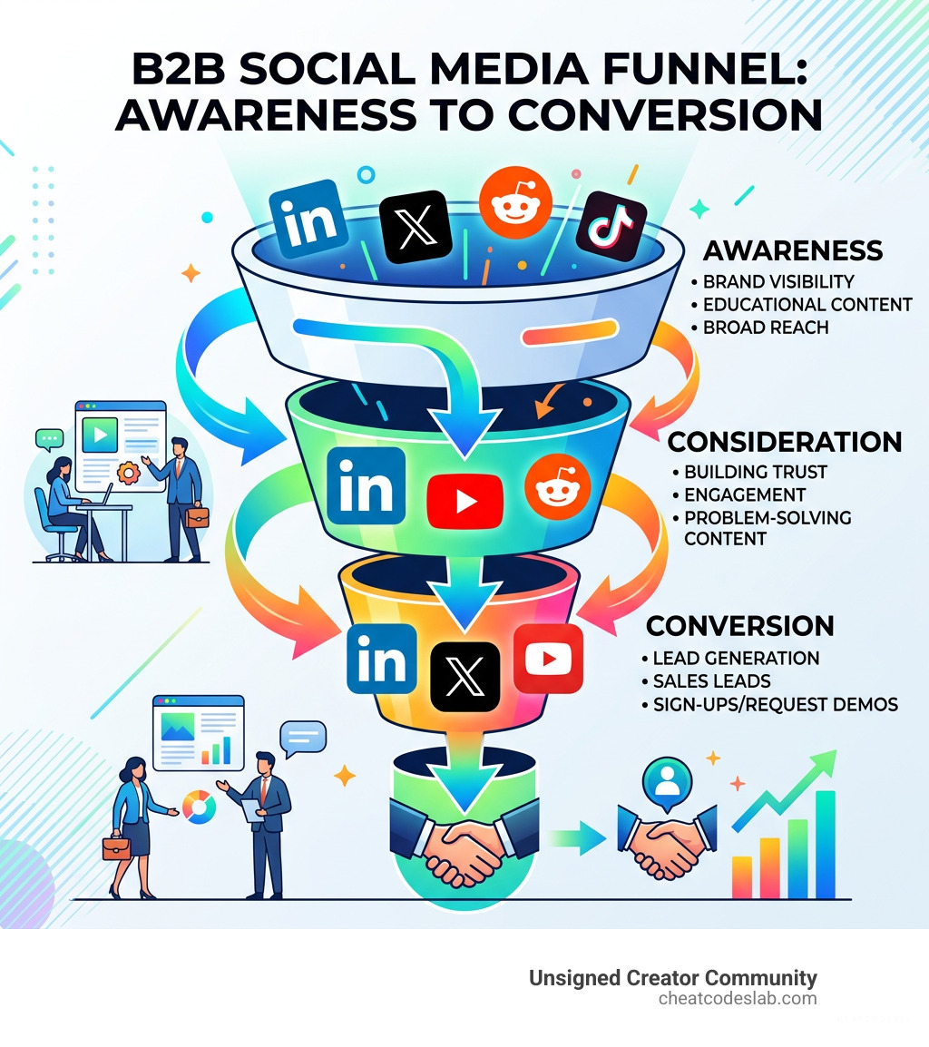 B2B social media funnel from awareness to conversion with platform icons - b2b social media companies infographic 
