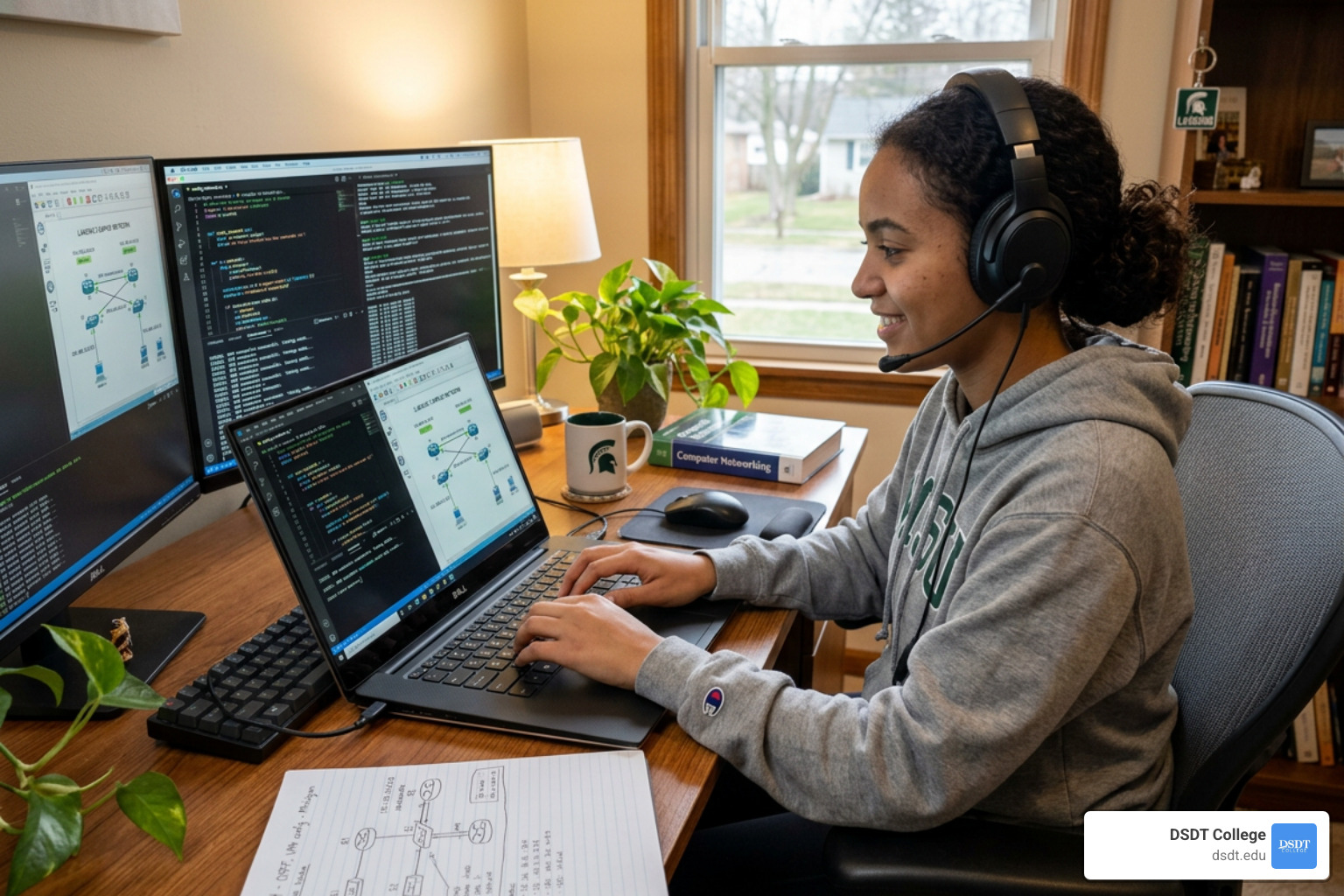Student participating in a virtual IT lab from home - lansing it certification training