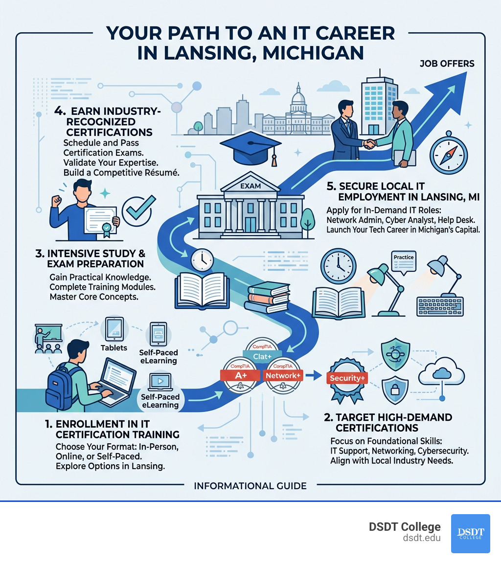 Infographic showing the path from IT certification enrollment to employment in Lansing Michigan - lansing it certification