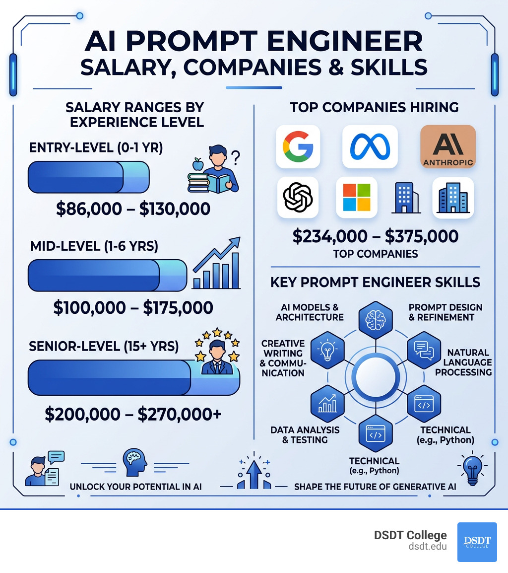 Infographic showing AI prompt engineer salary ranges by experience level, top companies, and key skills - ai prompt Infographic showing AI prompt engineer salary ranges by experience level, top companies, and key skills - ai prompt