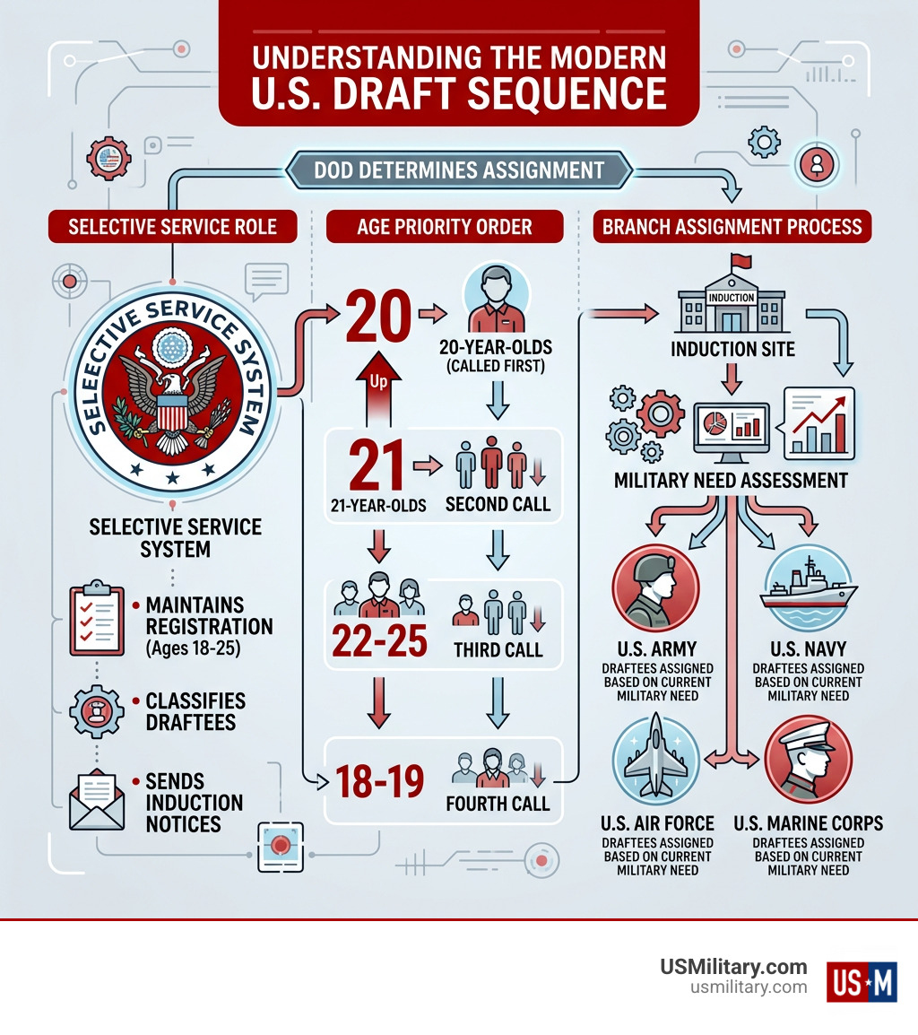 Infographic showing modern U.S. draft sequence: age priority order, branch assignment process, and Selective Service role