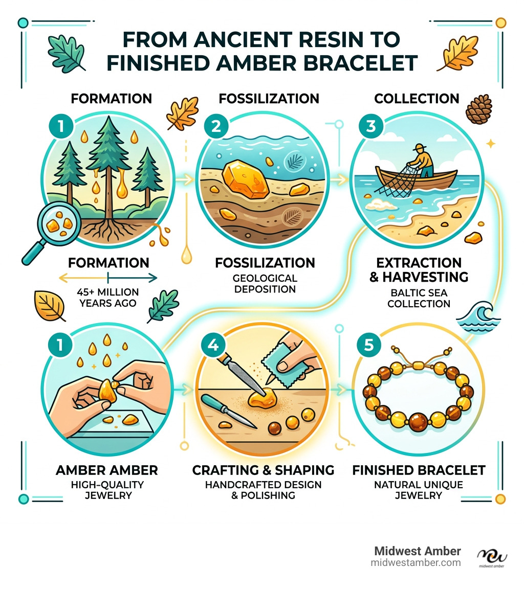 Infographic showing journey from ancient Baltic resin to finished amber bracelet jewelry - what is an amber bracelet Infographic showing journey from ancient Baltic resin to finished amber bracelet jewelry - what is an amber bracelet