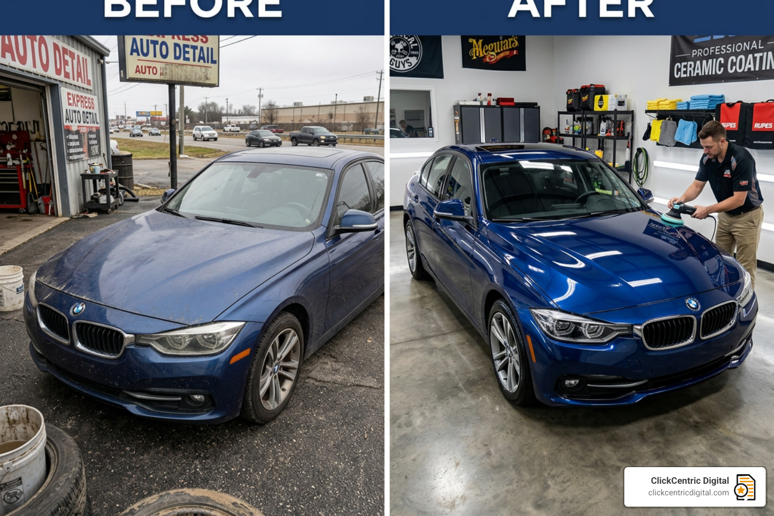 High-quality before-and-after shot of a vehicle detailing service showing the transformation of a dull paint job to a professional finish