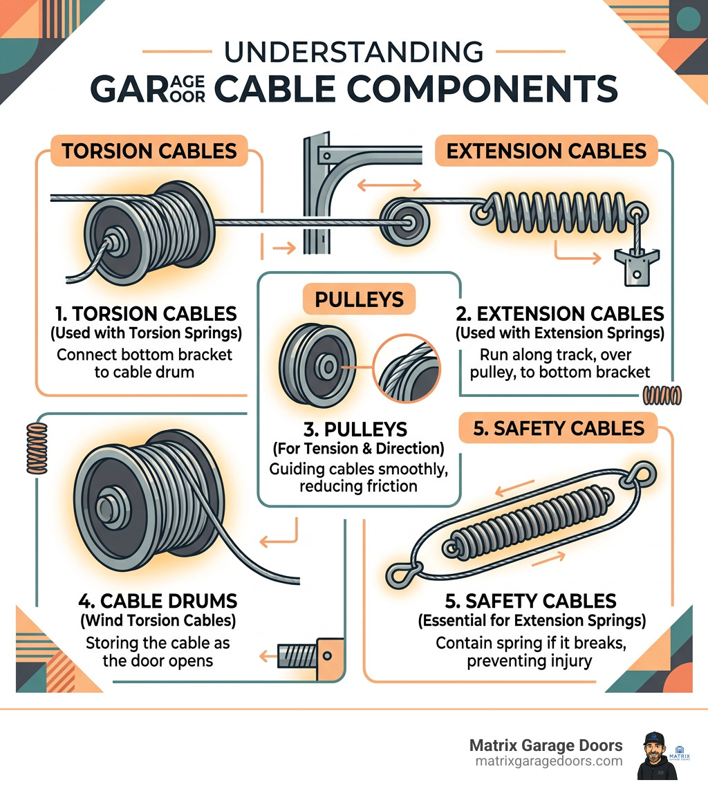 Infographic showing garage door cable components: torsion cables, extension cables, pulleys, drums, and safety cables