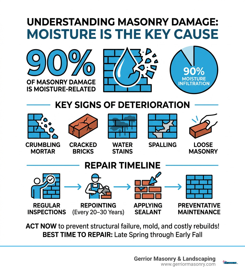Infographic showing 90% of masonry damage is moisture-related, key signs of deterioration, and repair timeline - Masonry