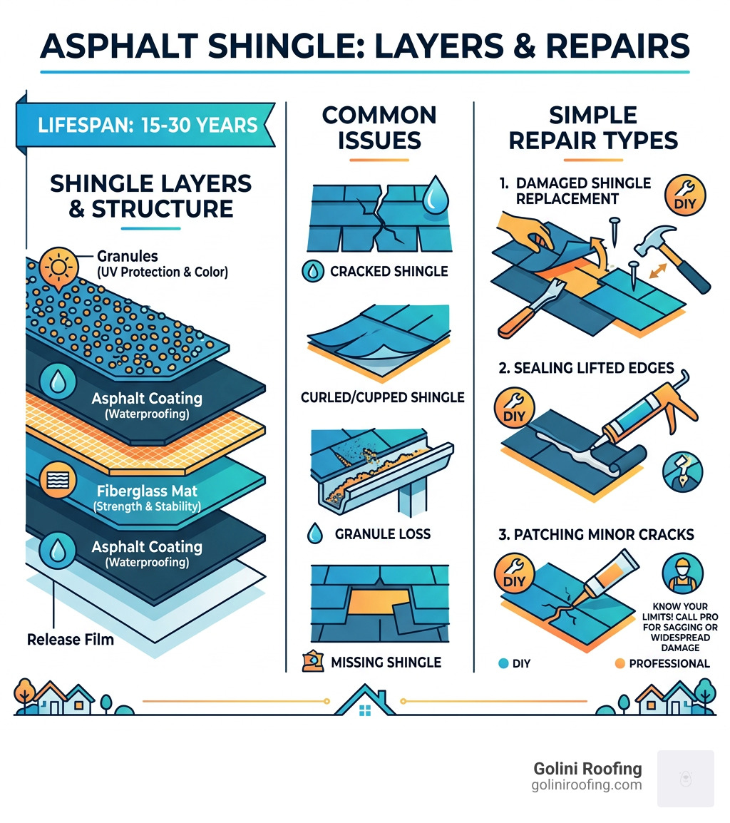 Infographic showing asphalt shingle layers, lifespan 15-30 years, and common repair types - Asphalt shingle repair