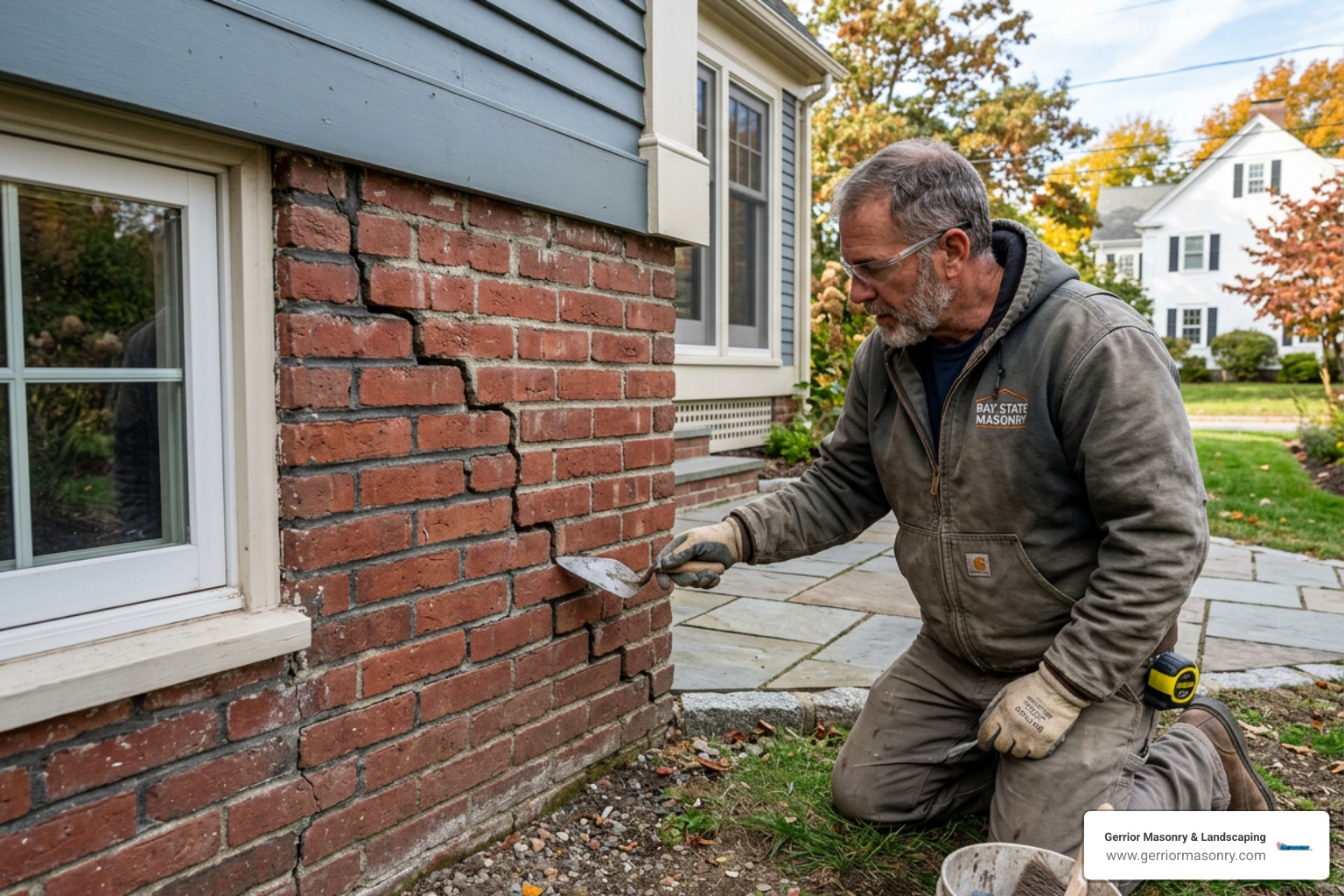 Professional mason inspecting step cracks in a residential foundation - Masonry Repairs