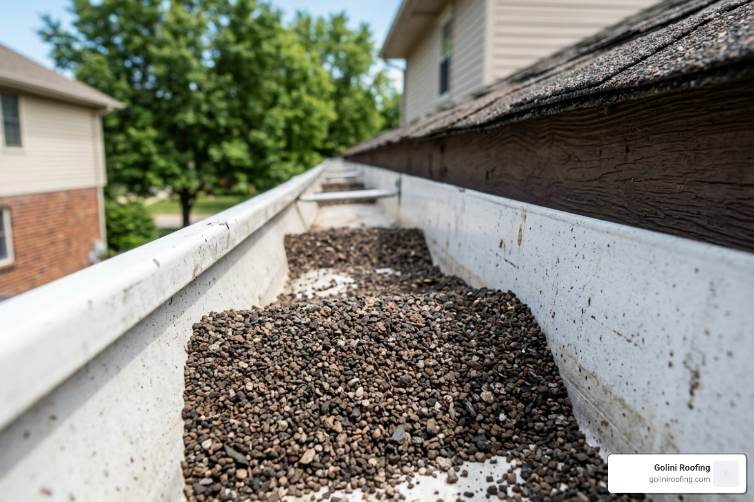 Image of shingle granule loss in gutters signaling roof wear - Asphalt shingle repair Image of shingle granule loss in gutters signaling roof wear - Asphalt shingle repair