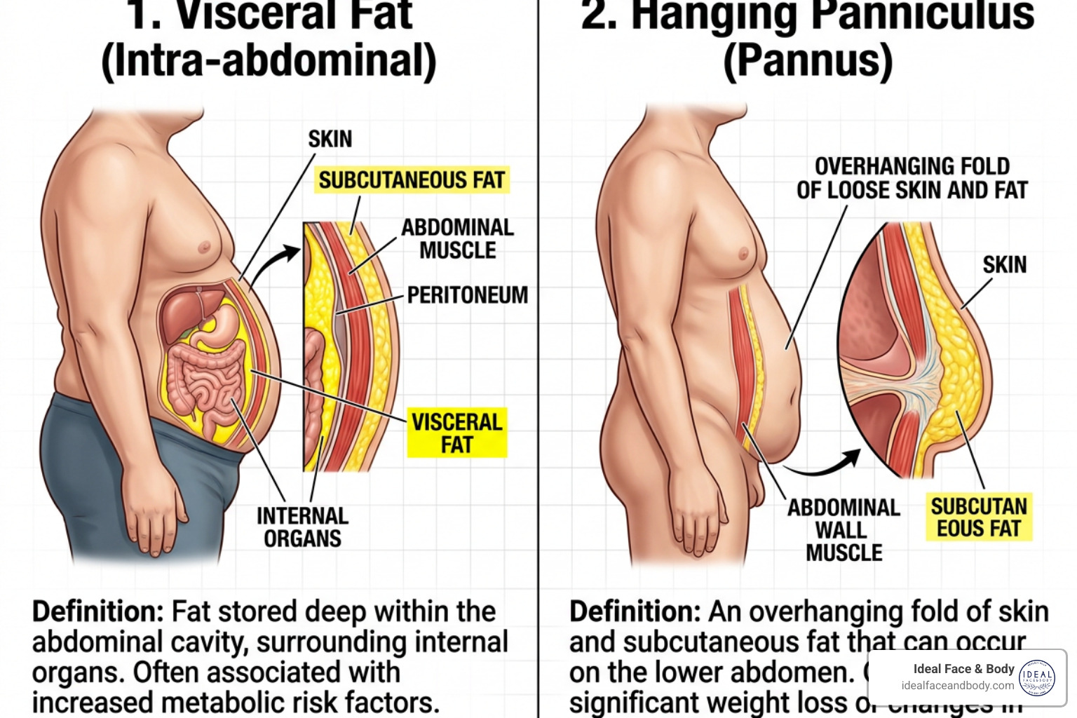 Visual difference between visceral fat and a hanging panniculus - abdominal pannus Visual difference between visceral fat and a hanging panniculus - abdominal pannus