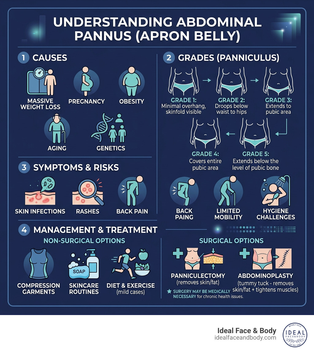 Infographic showing abdominal pannus causes, grades, symptoms, and treatment options - abdominal pannus infographic Infographic showing abdominal pannus causes, grades, symptoms, and treatment options - abdominal pannus infographic