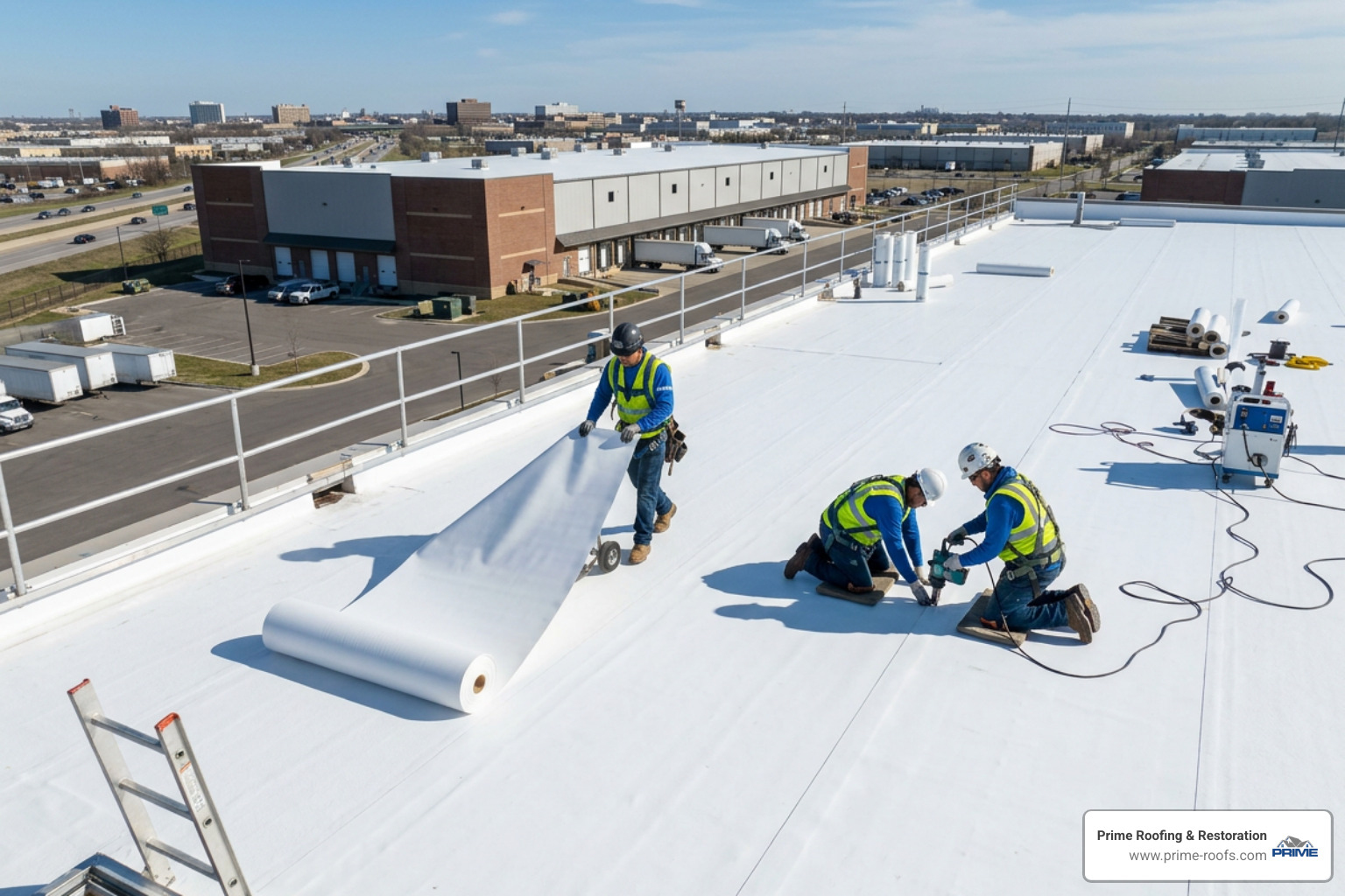 Installation of a white TPO membrane on a flat commercial roof - commercial roofing Hoover AL