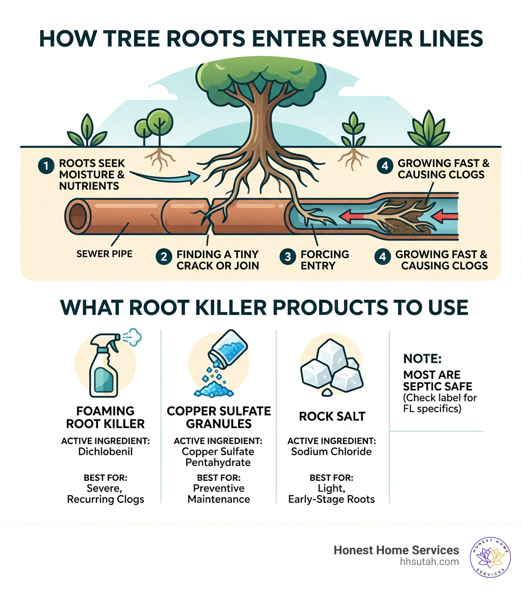 How tree roots enter sewer lines and what root killer products to use - main line root killer infographic How tree roots enter sewer lines and what root killer products to use - main line root killer infographic